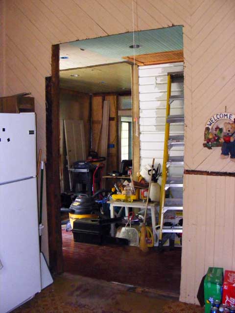 The hole for the new double French doors in the kitchen